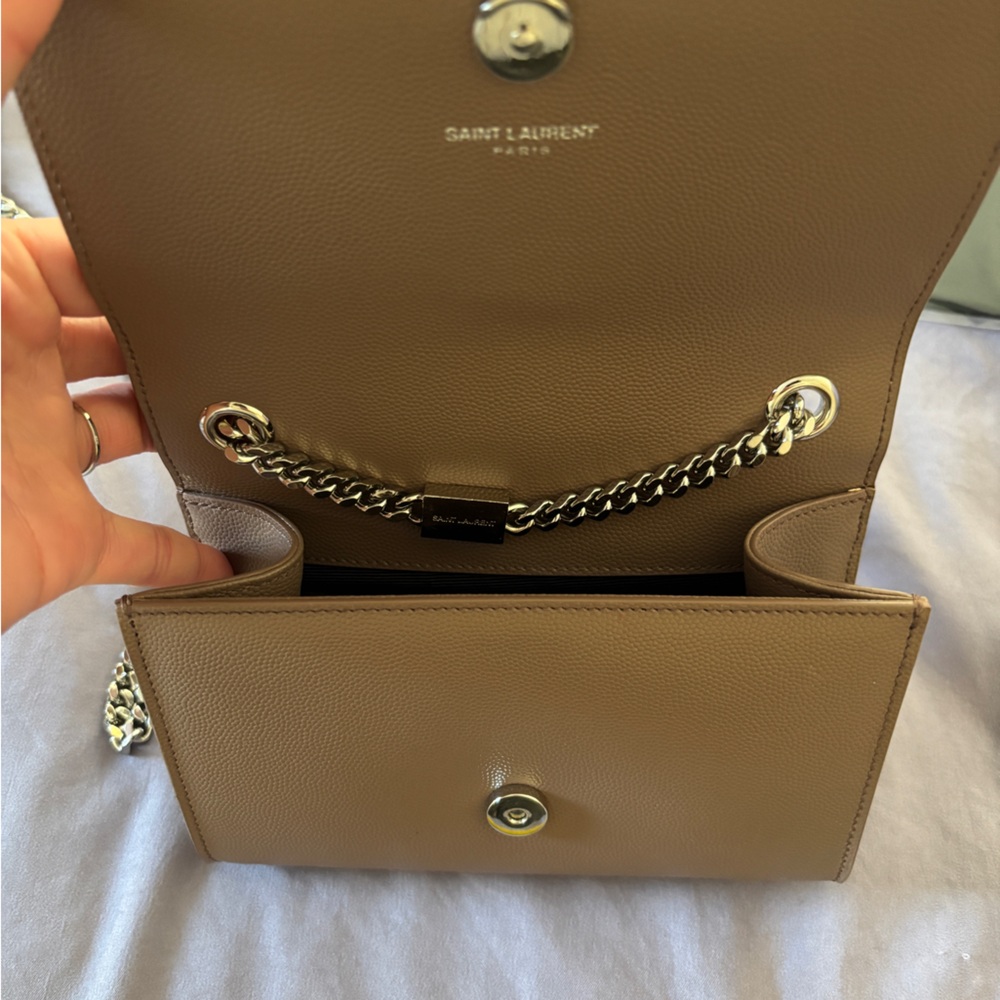 YSL Small Kate Leather Chain Flap Bag Grained Crossbody Taupe Brown Fleur - Picture 12 of 13